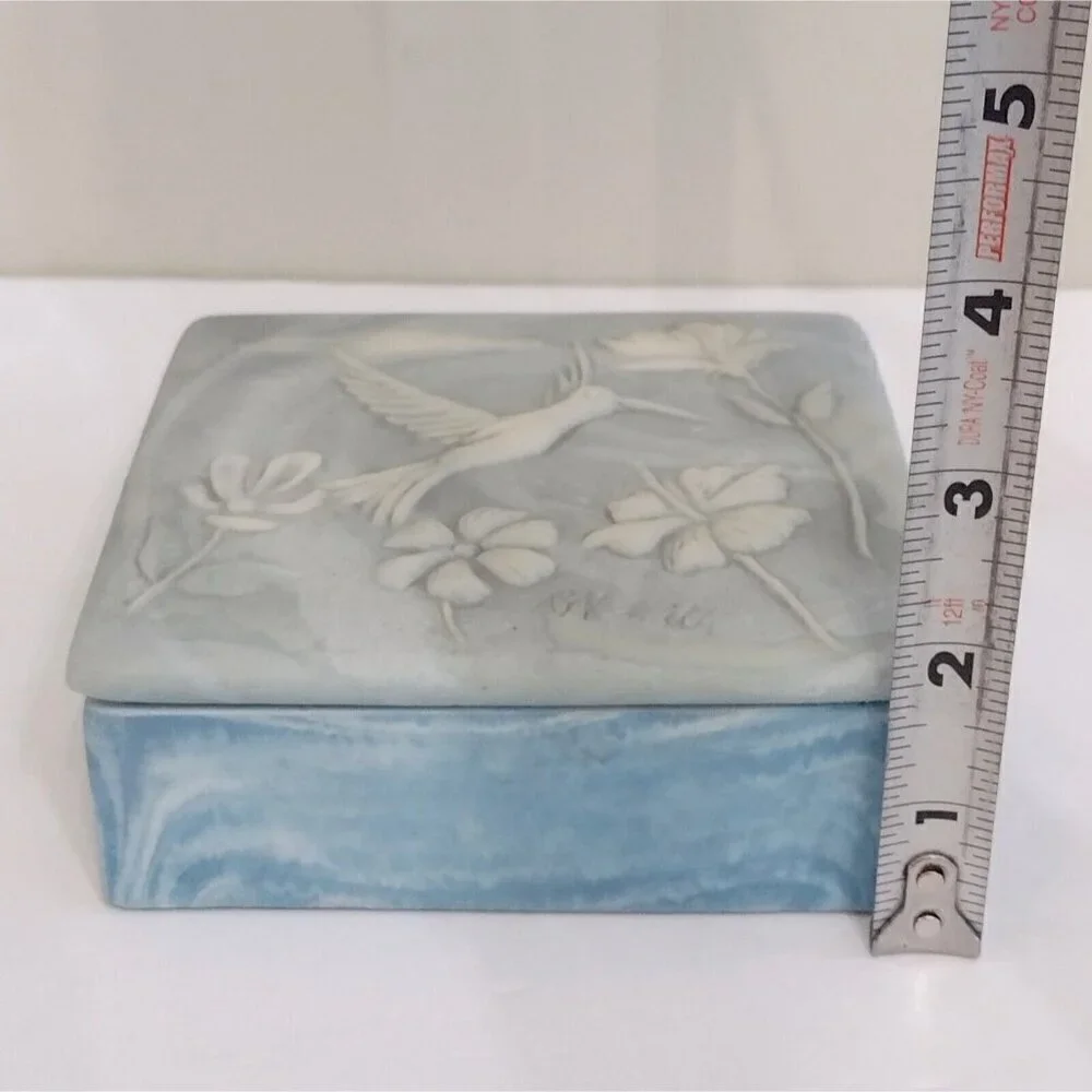 Vtg Signed Robert Nemith Hummingbird & Floral Inlay Blue Soapstone Trinket Box
